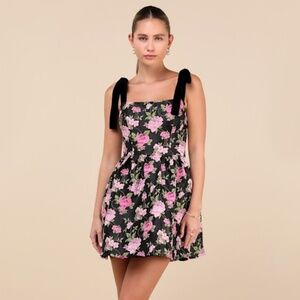 Lulus Precious Luxury Black Floral Jacquard Tie-strap Mini Dress - Size M